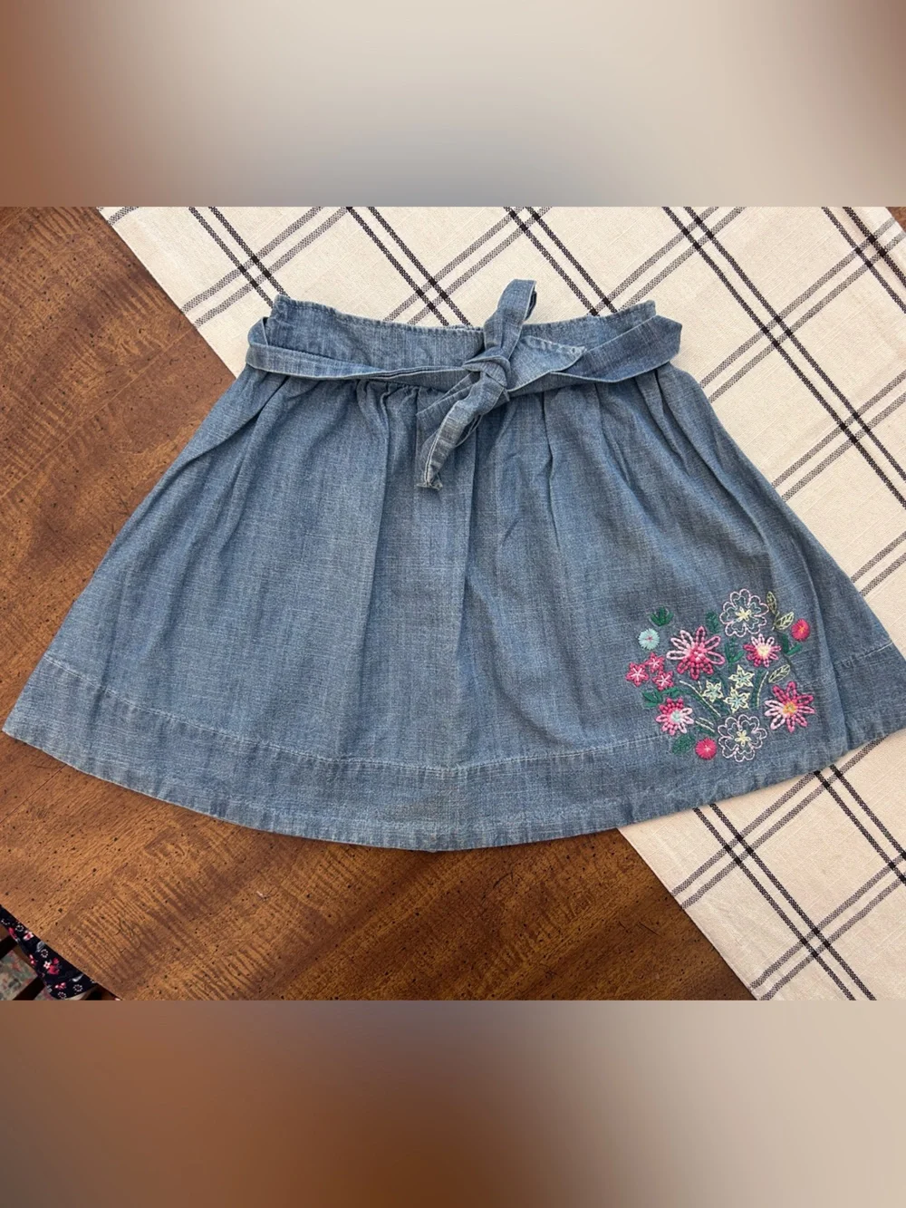 Vintage OshKosh Girls 6x Denim Skirt with Floral Embroidery and Tie Waist